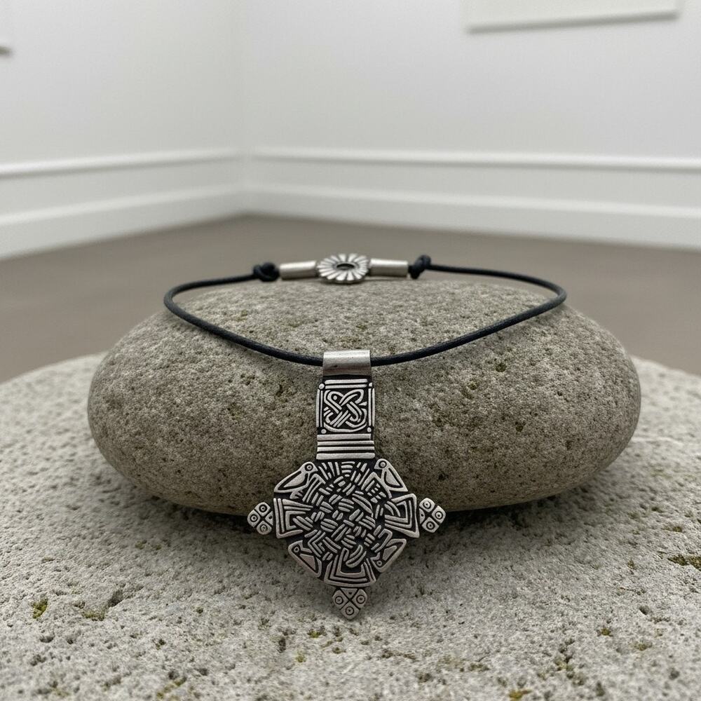 Alice Seely Pewter Pendant Necklace-Black Cord-Southwestern-Signed-Tribal Style